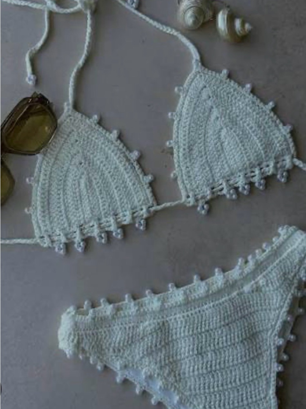 Meshki White and Pearl Crochet Bikini Set